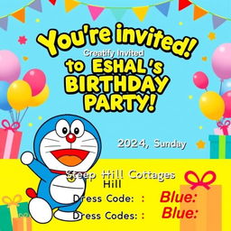 A vibrant and playful birthday party invitation featuring the beloved character Doraemon