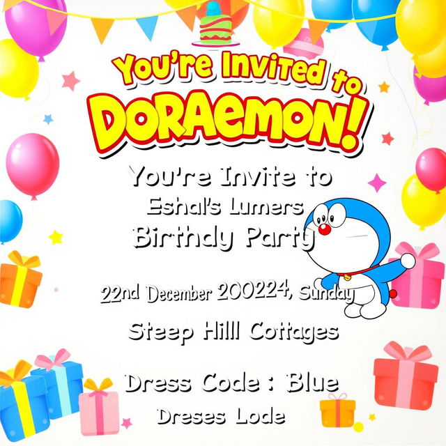 A vibrant and playful birthday party invitation featuring the beloved character Doraemon