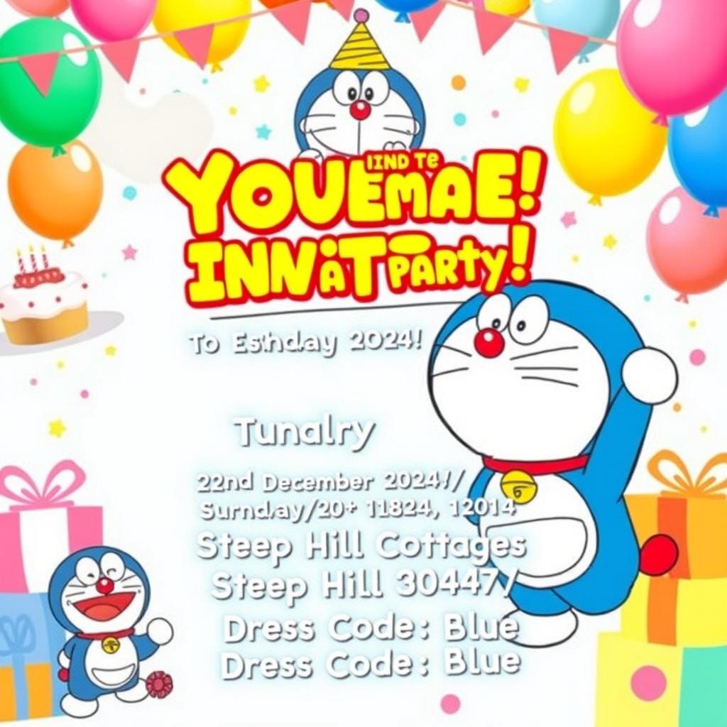 A vibrant and playful birthday party invitation featuring the beloved character Doraemon