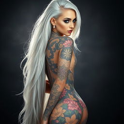 A captivating woman with long, flowing white hair that cascades down her back, showcasing an elaborate full body tattoo that features exquisite patterns and vivid colors