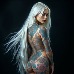 A captivating woman with long, flowing white hair that cascades down her back, showcasing an elaborate full body tattoo that features exquisite patterns and vivid colors