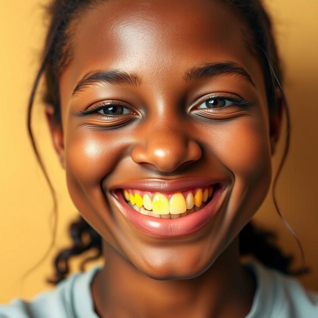 A close-up image of a smiling person showcasing bright yellow teeth, against a neutral background that highlights the teeth's color