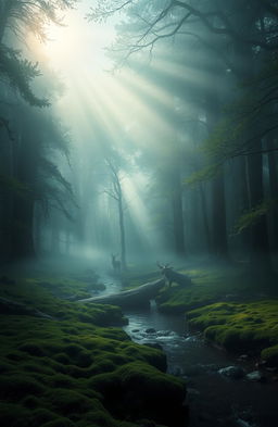 A serene and mystical scene depicting an expansive forest shrouded in fog, where the light filters through dense trees, creating an ethereal atmosphere