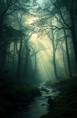 A serene and mystical scene depicting an expansive forest shrouded in fog, where the light filters through dense trees, creating an ethereal atmosphere