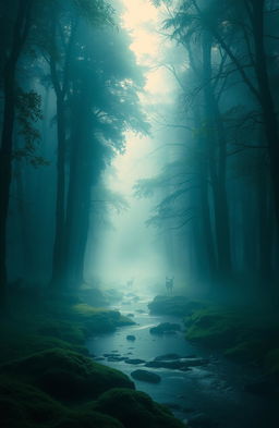 A serene and mystical scene depicting an expansive forest shrouded in fog, where the light filters through dense trees, creating an ethereal atmosphere