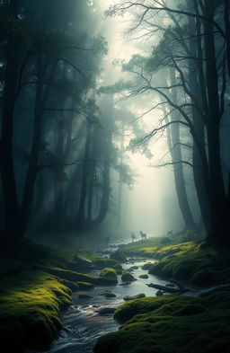 A serene and mystical scene depicting an expansive forest shrouded in fog, where the light filters through dense trees, creating an ethereal atmosphere