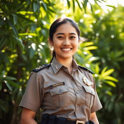 A striking portrait of an Indonesian police woman in uniform, confidently standing in front of a lush green background typical of Indonesia