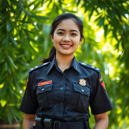 A striking portrait of an Indonesian police woman in uniform, confidently standing in front of a lush green background typical of Indonesia