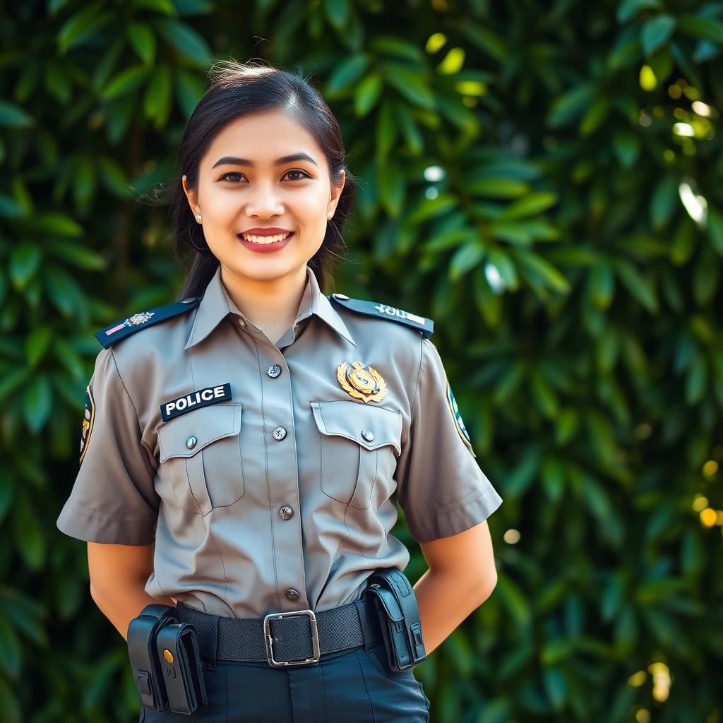 A striking portrait of an Indonesian police woman in uniform, confidently standing in front of a lush green background typical of Indonesia