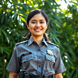 A striking portrait of an Indonesian police woman in uniform, confidently standing in front of a lush green background typical of Indonesia