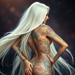 A stunning woman with long, flowing white hair that gracefully cascades down her back, adorned with a full body tattoo that displays intricate, colorful designs