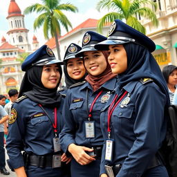 A group of Indonesian police women in a bustling urban setting, wearing their smart police uniforms with badges and hats