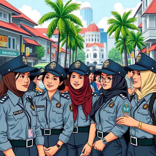 A group of Indonesian police women in a bustling urban setting, wearing their smart police uniforms with badges and hats