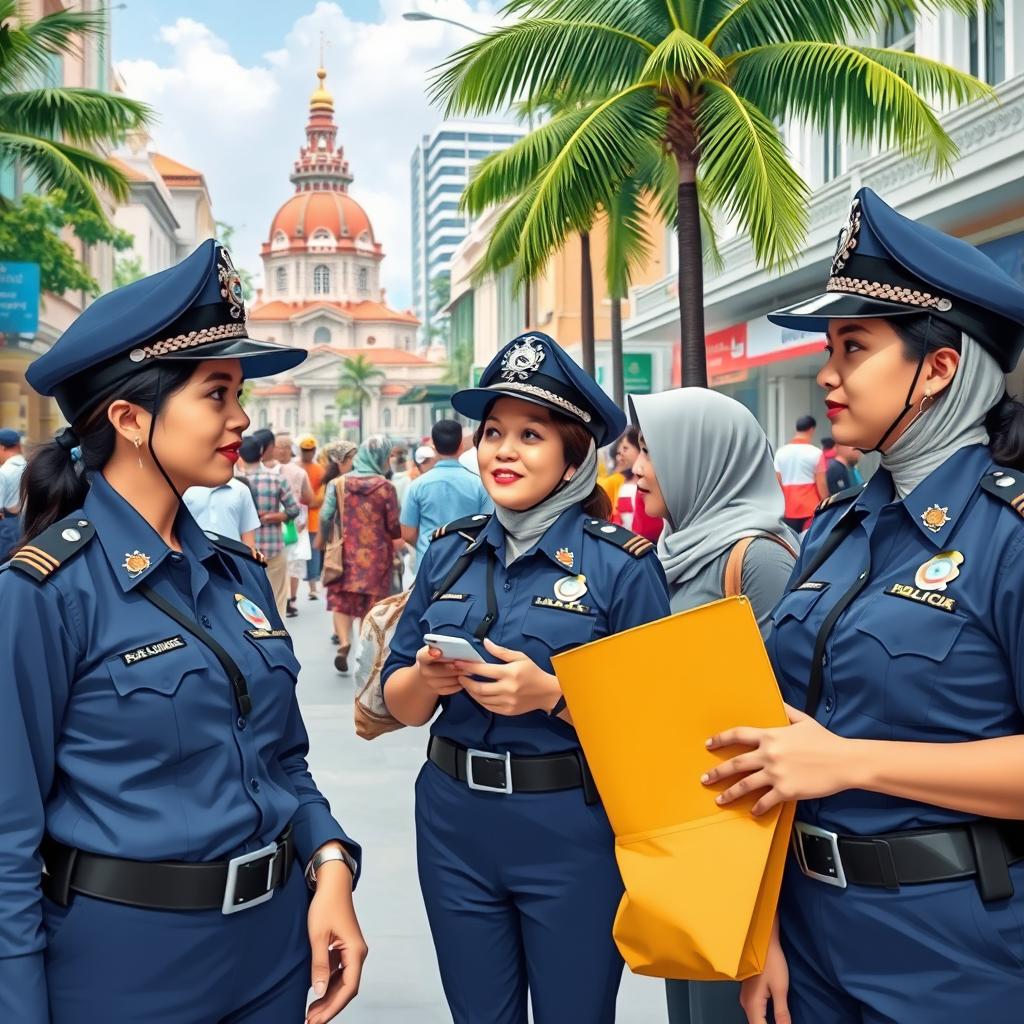 A group of Indonesian police women in a bustling urban setting, wearing their smart police uniforms with badges and hats