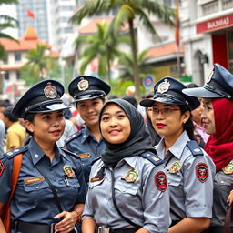 A group of Indonesian police women in a bustling urban setting, wearing their smart police uniforms with badges and hats