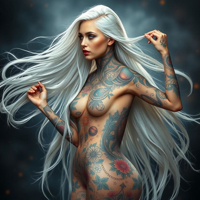 A stunning woman with long, flowing white hair that gracefully cascades down her back, adorned with a full body tattoo that displays intricate, colorful designs