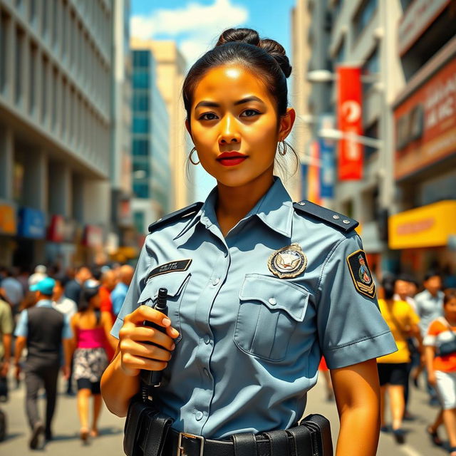 An Indonesian female police officer standing confidently in a bustling urban environment, wearing a crisp police uniform adorned with badges and insignia