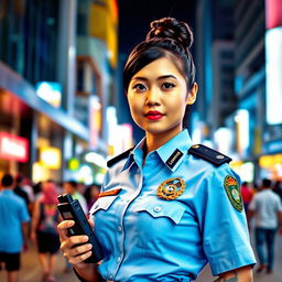 An Indonesian female police officer standing confidently in a bustling urban environment, wearing a crisp police uniform adorned with badges and insignia