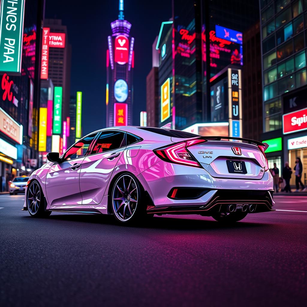 A fully customized 2020 white Honda Civic with neon lights, parked elegantly between vibrant neon city skyscrapers