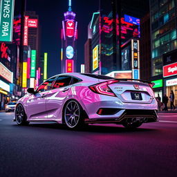 A fully customized 2020 white Honda Civic with neon lights, parked elegantly between vibrant neon city skyscrapers