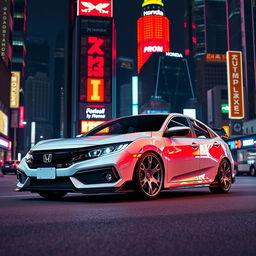 A fully customized 2020 white Honda Civic with neon lights, parked elegantly between vibrant neon city skyscrapers