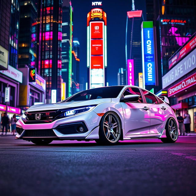 A fully customized 2020 white Honda Civic with neon lights, parked elegantly between vibrant neon city skyscrapers