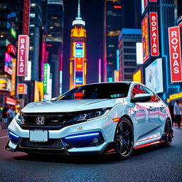 A fully customized 2020 white Honda Civic with neon lights, parked elegantly between vibrant neon city skyscrapers