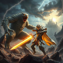 An epic battle scene between a heroic humanoid figure and a fearsome monster in a fantastical landscape