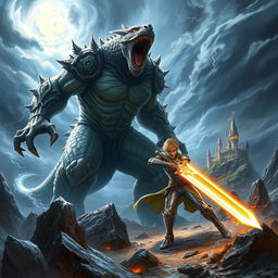 An epic battle scene between a heroic humanoid figure and a fearsome monster in a fantastical landscape