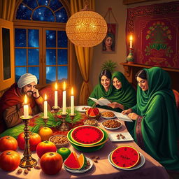 A vibrant and festive scene depicting Yalda Night, the Iranian festival celebrating the longest night of the year