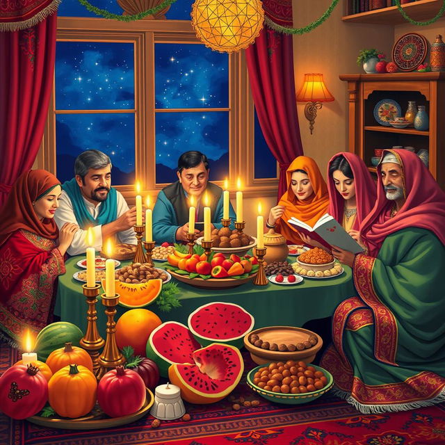 A vibrant and festive scene depicting Yalda Night, the Iranian festival celebrating the longest night of the year