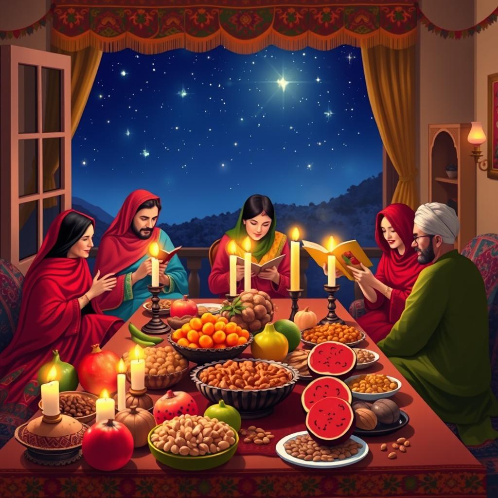 A vibrant and festive scene depicting Yalda Night, the Iranian festival celebrating the longest night of the year