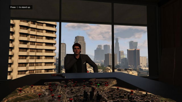 A stylish character sitting at a table in a modern office with a large city skyline visible through the windows