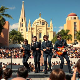 The Beatles performing in a vibrant, modernist setting inspired by Brasília, DF