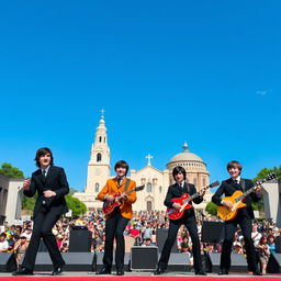 The Beatles performing in a vibrant, modernist setting inspired by Brasília, DF