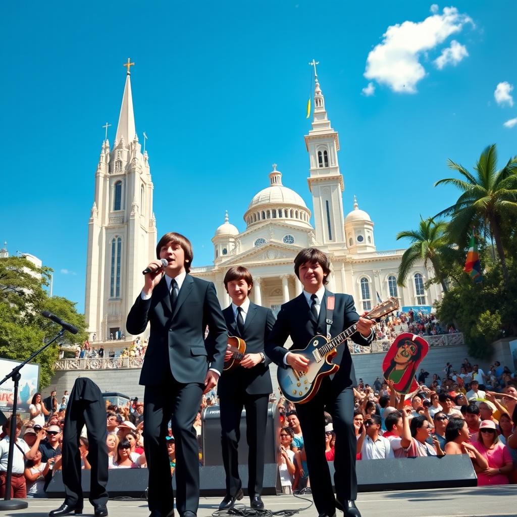 The Beatles performing in a vibrant, modernist setting inspired by Brasília, DF