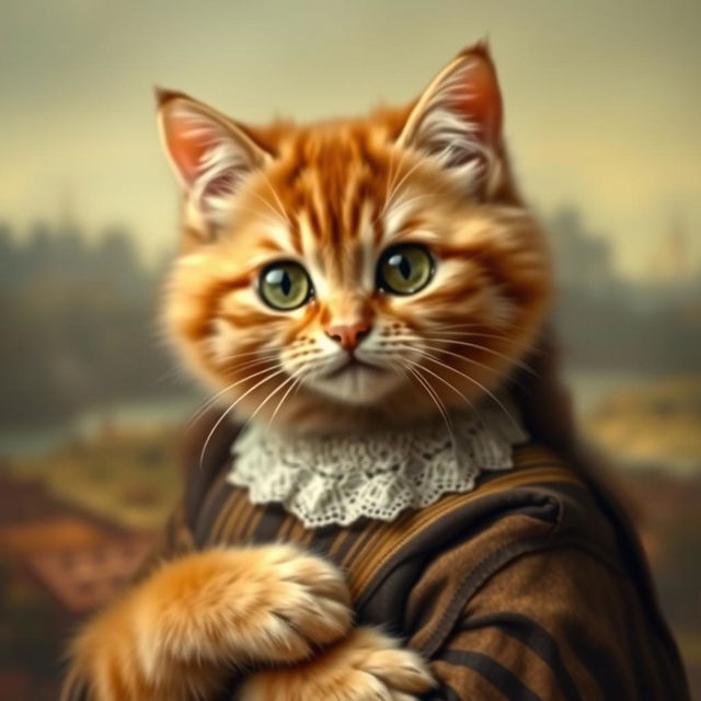 A whimsical cat posing as the Mona Lisa, featuring a serene expression and enigmatic smile, set against a soft, blurred background reminiscent of the original painting's landscape