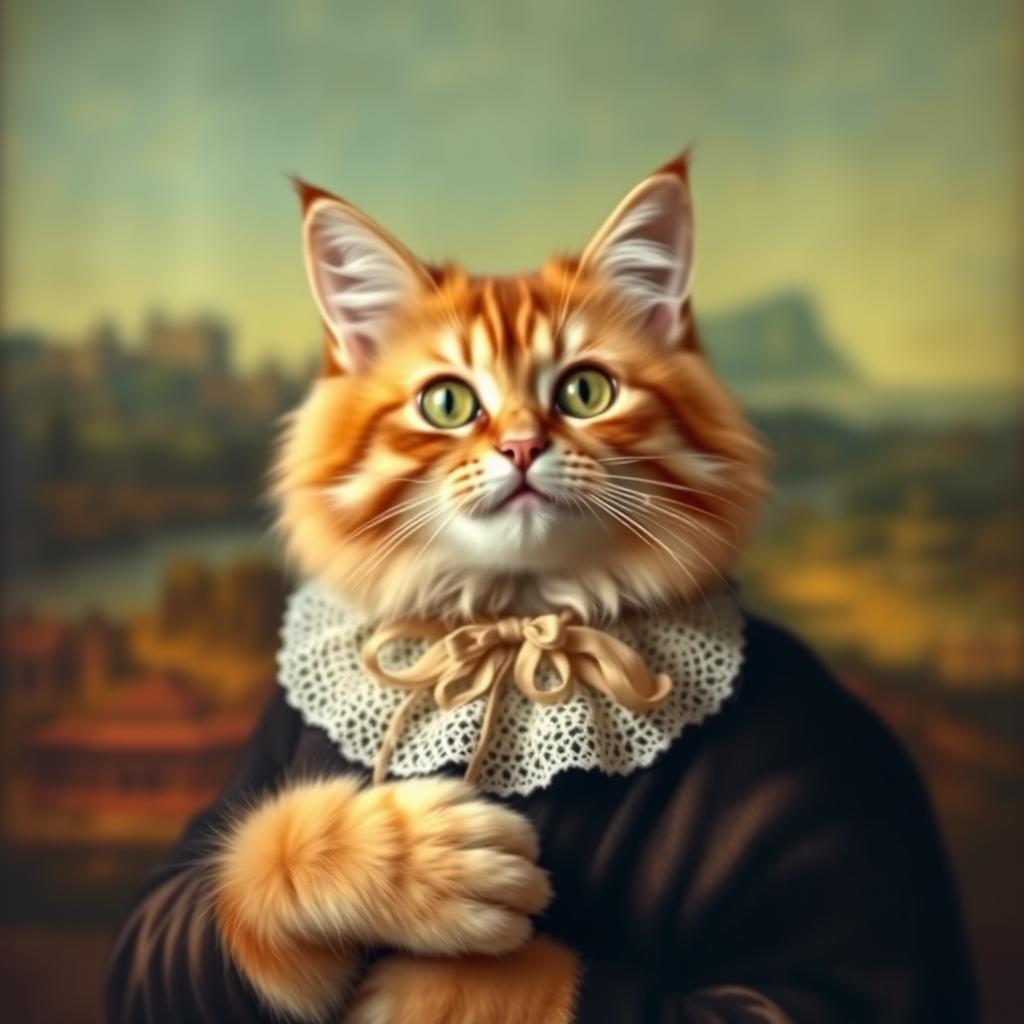 A whimsical cat posing as the Mona Lisa, featuring a serene expression and enigmatic smile, set against a soft, blurred background reminiscent of the original painting's landscape