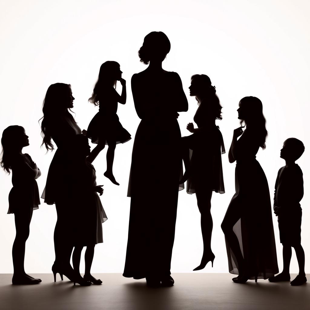 A beautiful silhouette of a mother standing proudly with her eight daughters and three sons