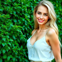 A beautiful blonde woman with an attractive figure playfully biting her lip, set against a lush green background