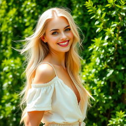 A beautiful blonde woman with an attractive figure playfully biting her lip, set against a lush green background