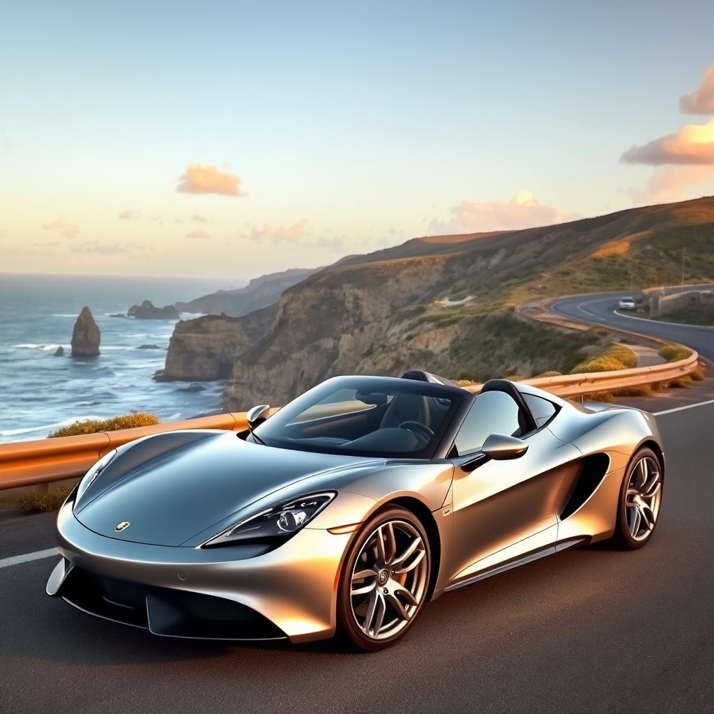 A sleek, modern silver sports car parked on a scenic coastal highway with cliffs and ocean waves in the background