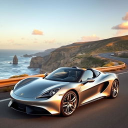 A sleek, modern silver sports car parked on a scenic coastal highway with cliffs and ocean waves in the background