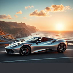 A sleek, modern silver sports car parked on a scenic coastal highway with cliffs and ocean waves in the background