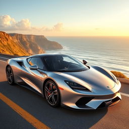 A sleek, modern silver sports car parked on a scenic coastal highway with cliffs and ocean waves in the background