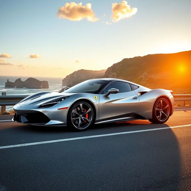 A sleek, modern silver sports car parked on a scenic coastal highway with cliffs and ocean waves in the background