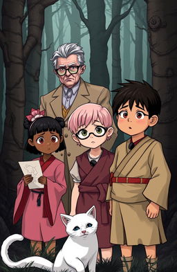 A scene in a sinister forest featuring three characters: a 13-year-old white girl with short hair and bangs, with the tips colored pink, and honey-colored eyes behind glasses, wearing a black stone necklace