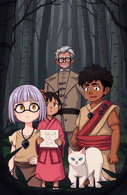 A scene in a sinister forest featuring three characters: a 13-year-old white girl with short hair and bangs, with the tips colored pink, and honey-colored eyes behind glasses, wearing a black stone necklace