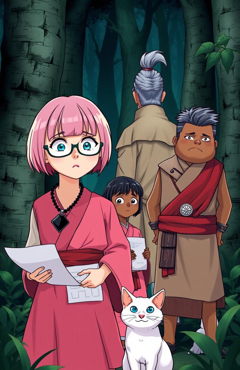 A scene in a sinister forest featuring three characters: a 13-year-old white girl with short hair and bangs, with the tips colored pink, and honey-colored eyes behind glasses, wearing a black stone necklace