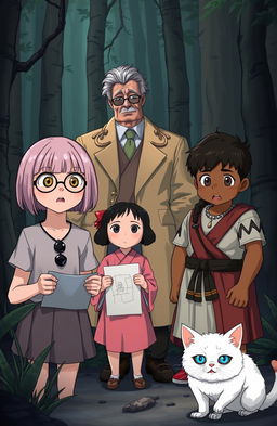 A scene in a sinister forest featuring three characters: a 13-year-old white girl with short hair and bangs, with the tips colored pink, and honey-colored eyes behind glasses, wearing a black stone necklace